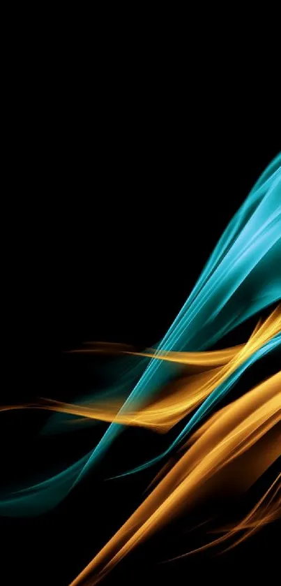 Vibrant blue and orange fluid waves on black background mobile wallpaper.