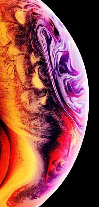 Colorful abstract mobile wallpaper with red, yellow, and purple swirls on black.