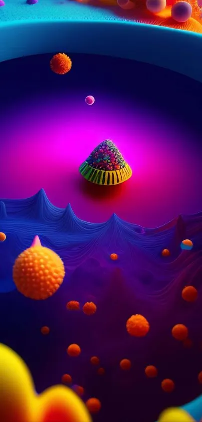 Vibrant abstract wallpaper in purple hues with geometric patterns and colorful spheres.