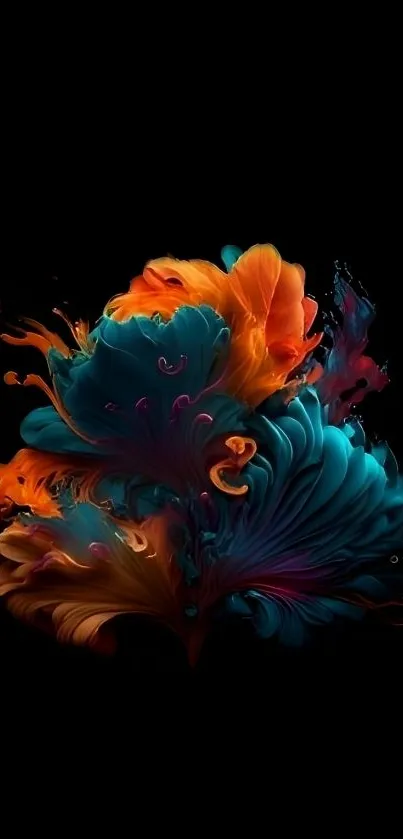 Vibrant abstract wallpaper with blue and orange swirls on a black background.