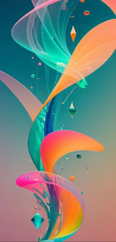 Vibrant abstract wallpaper with colorful swirls and geometric shapes on mobile.