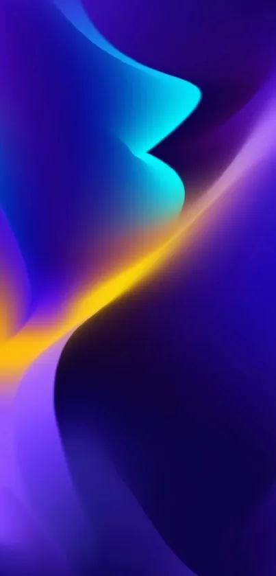 Dynamic purple and blue abstract wallpaper with a yellow glow.