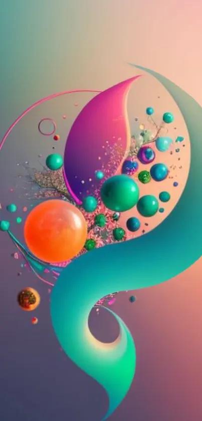 Vibrant abstract wallpaper with colorful spheres and flowing shapes.