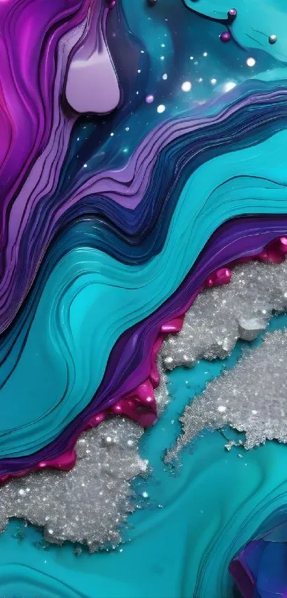 Abstract turquoise and purple waves with glitter accents.