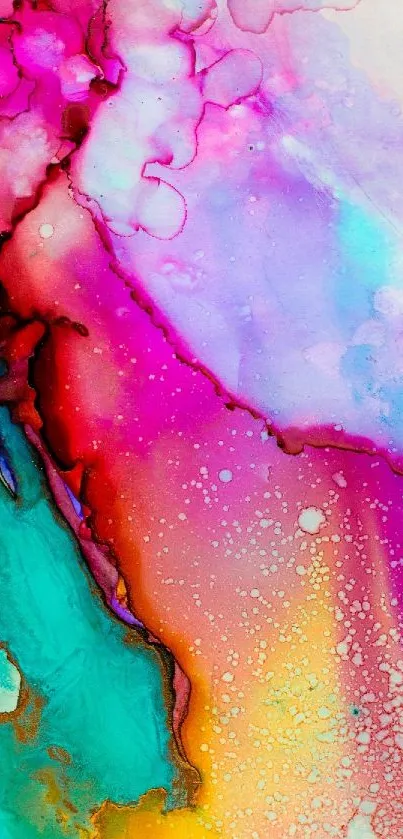 Vibrant abstract mobile wallpaper with pink, teal, and purple colors.