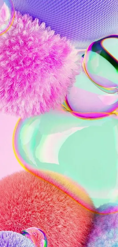 Vibrant abstract wallpaper with colorful fluffy textures and transparent bubbles.