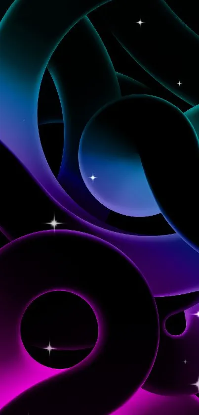 Vibrant abstract wallpaper with swirling blue and magenta shapes.