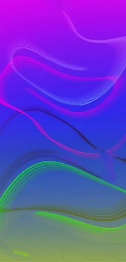 Colorful neon swirls on a purple gradient mobile wallpaper.