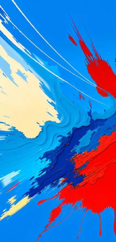 Vibrant abstract mobile wallpaper with blue, red, and yellow swirls.