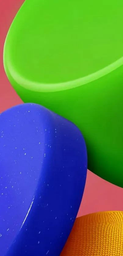 Vibrant abstract wallpaper with green, blue, and orange shapes.