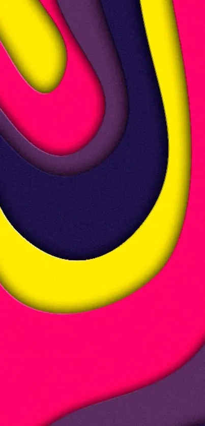 Vibrant abstract wallpaper with pink, yellow, and purple curves.