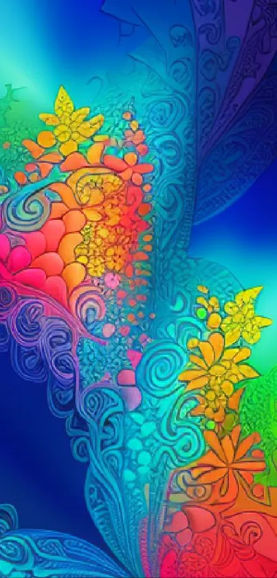 Vibrant abstract mobile wallpaper with colorful swirls and floral patterns.