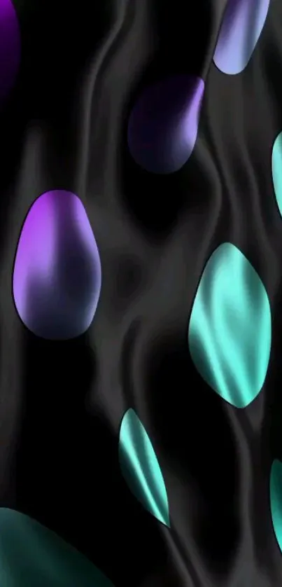 Vibrant abstract wallpaper with purple and teal shapes on black background.