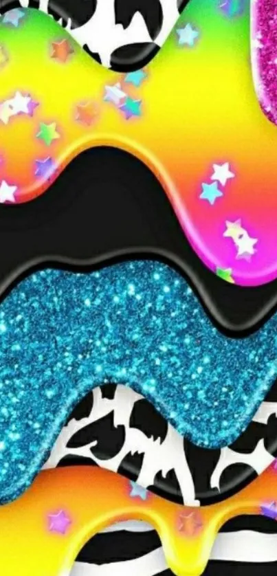 Vibrant abstract wallpaper with rainbow colors and glitter stars.