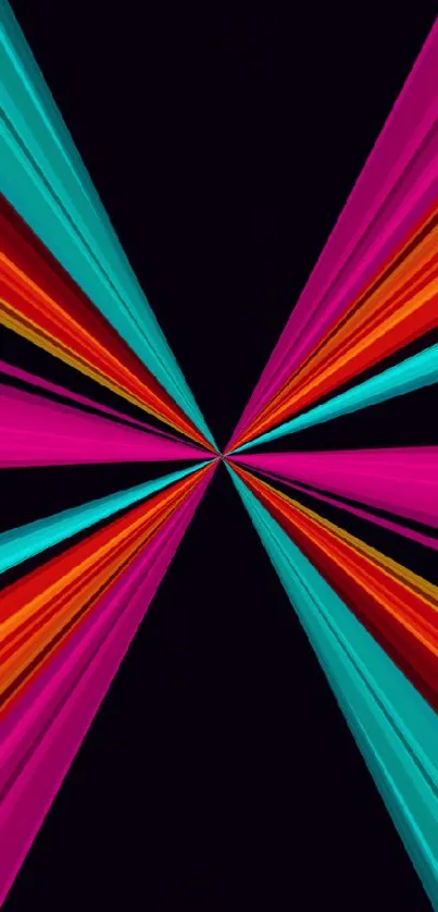 Vibrant abstract wallpaper with colorful geometric rays on a black background.