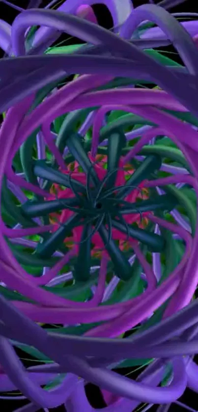 Intricate purple and green vortex wallpaper for mobile screens.