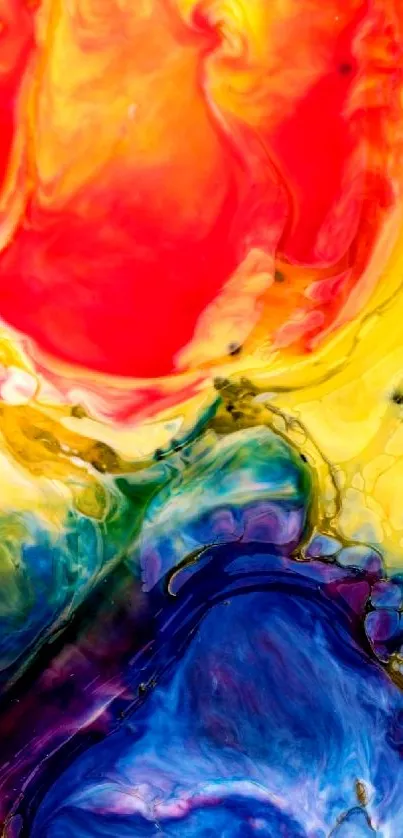 Vibrant abstract mobile wallpaper with red, yellow, and blue swirl design.
