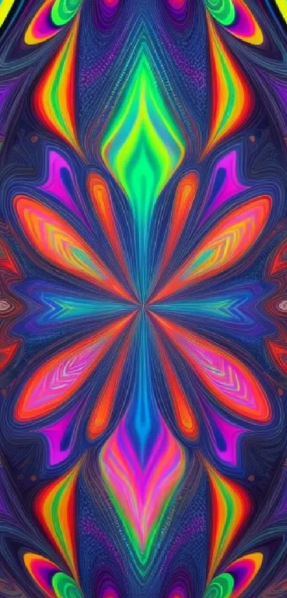 Vibrant neon abstract design mobile wallpaper with kaleidoscope pattern.