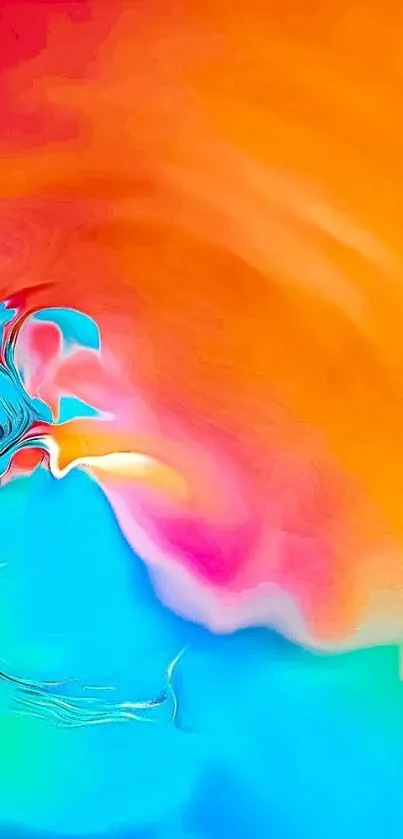 Vibrant abstract wallpaper with orange, blue, and pink swirls.