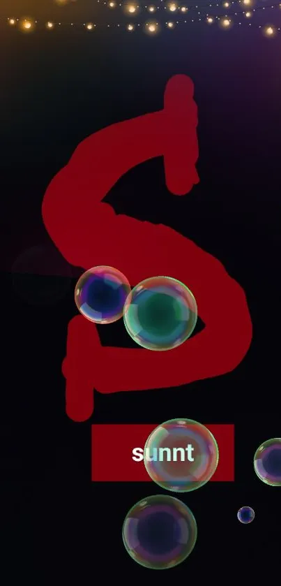 Abstract mobile wallpaper with red S and colorful bubbles on a dark background.