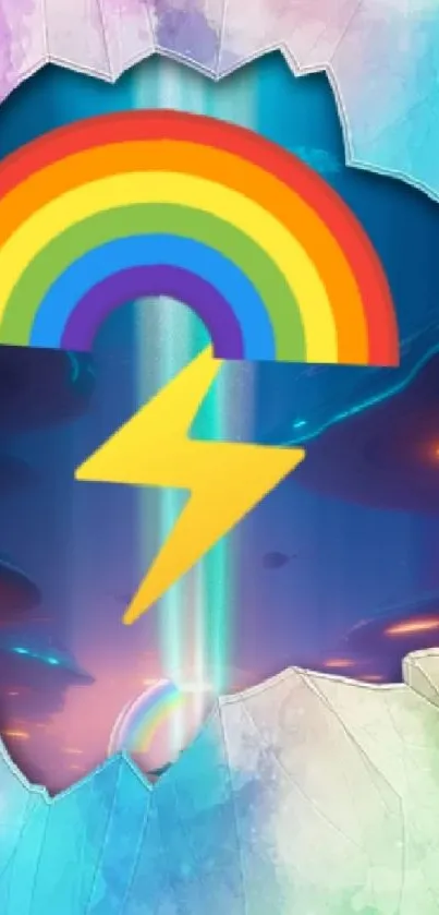 Vibrant mobile wallpaper with rainbow and lightning.