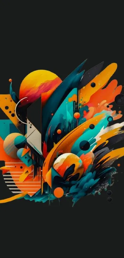 Vibrant abstract artwork with dynamic shapes on black background.