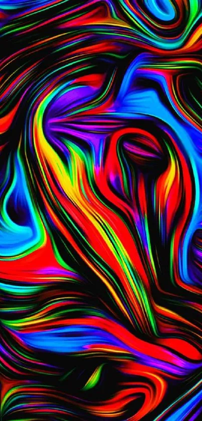 Vibrant abstract mobile wallpaper with neon swirls in a colorful and dynamic design.