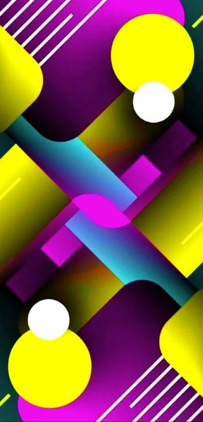 Vibrant abstract wallpaper with neon geometric shapes.