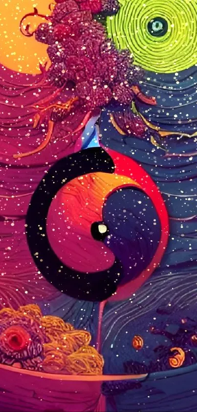 Vibrant abstract wallpaper with swirling colorful patterns.
