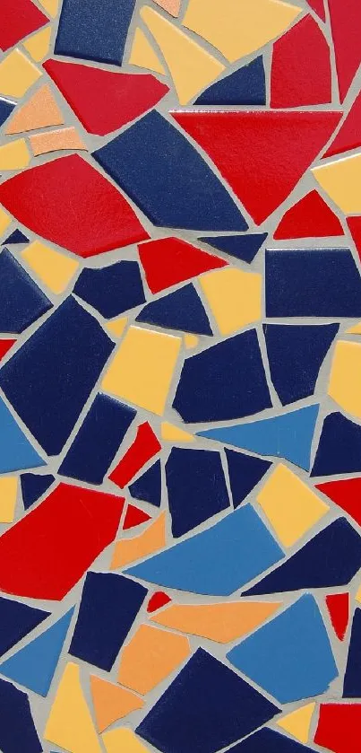 Colorful abstract mosaic pattern with red, blue, and yellow shapes.