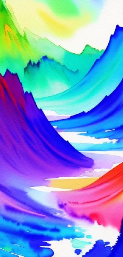 Vibrant watercolor abstract mountain painting in blue and red hues.