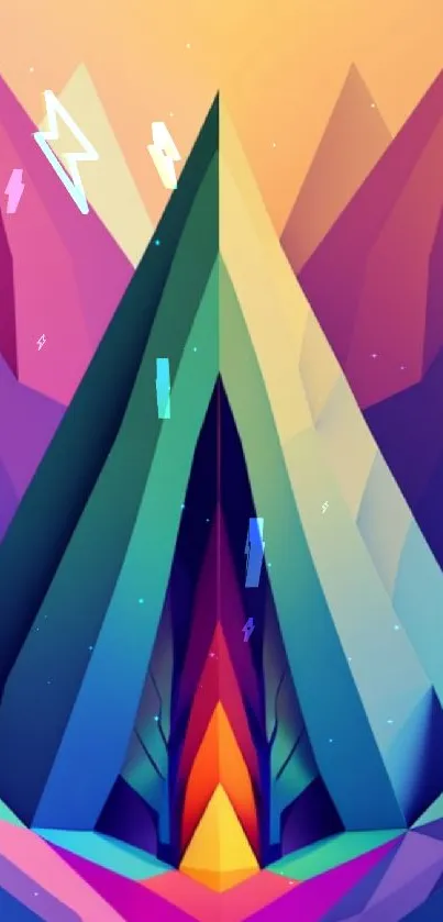 Vibrant abstract mountain design with geometric shapes and vivid colors.