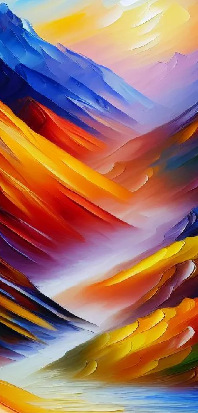 Vibrant abstract mountain landscape in bold colors.