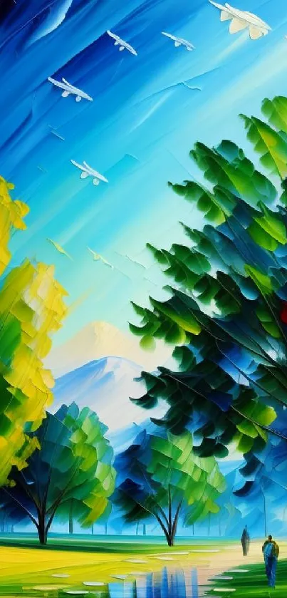 Abstract colorful landscape with trees and a blue sky.