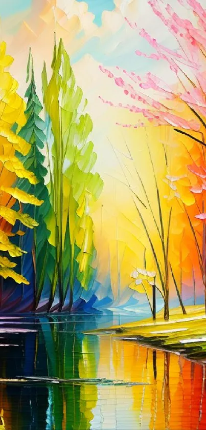 Vibrant abstract nature scene with colorful trees and reflections.