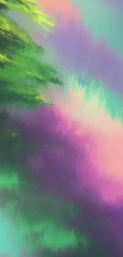 Vibrant abstract nature wallpaper with green and purple hues.