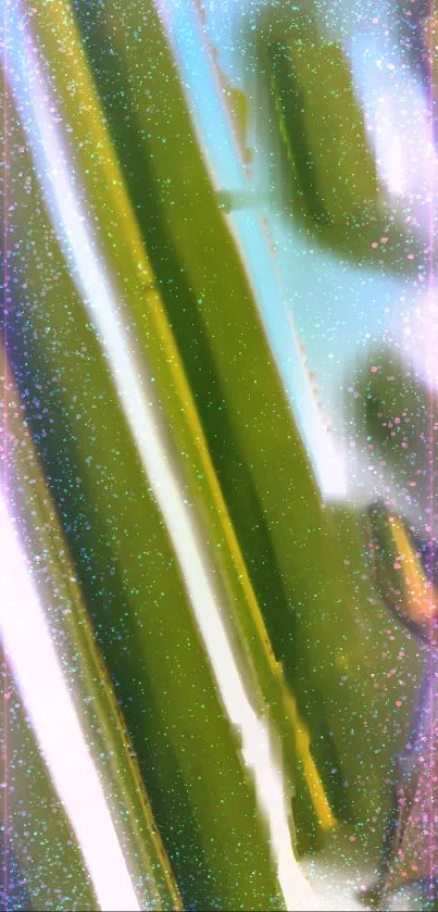Vibrant abstract green leaves with colorful sparkles background.