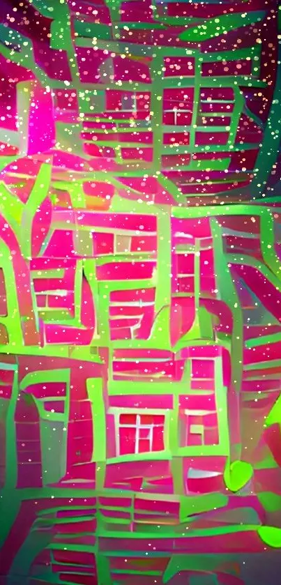 Vibrant neon abstract design with pink and green elements.