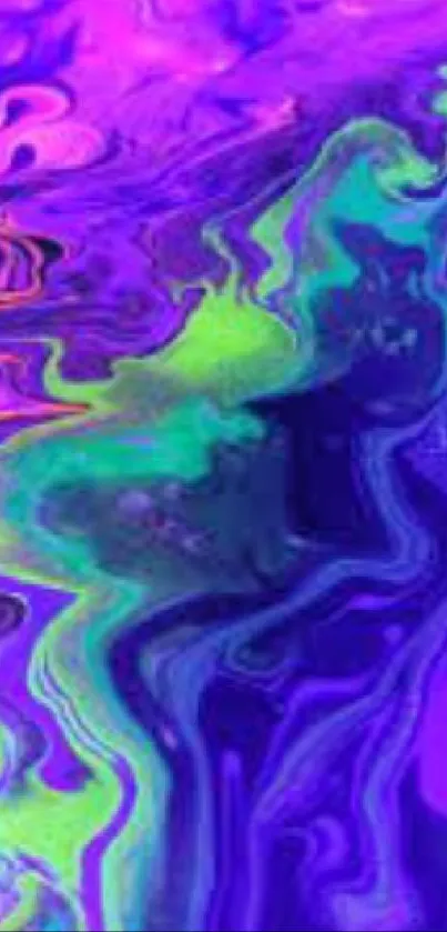 Vibrant neon abstract wallpaper with purple and green swirling patterns.