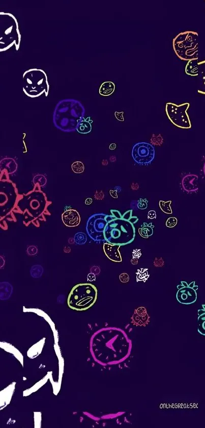 Vibrant abstract neon doodles on a dark background mobile wallpaper.