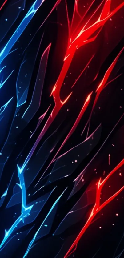 Abstract neon lines in red and blue on a dark background.
