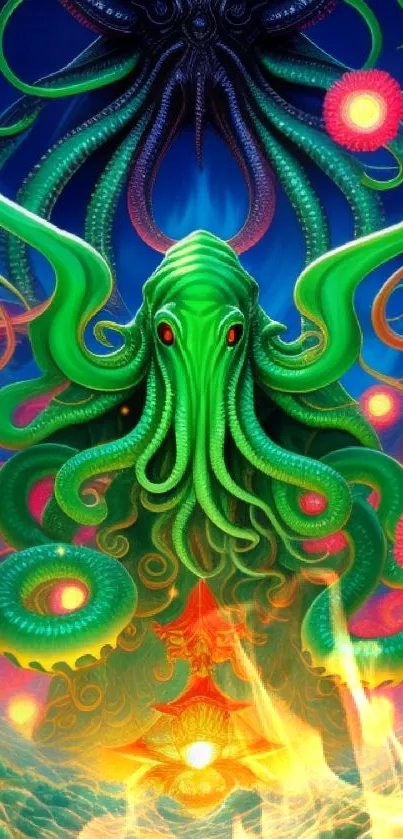 Vivid neon Kraken artwork with abstract design and vibrant colors.