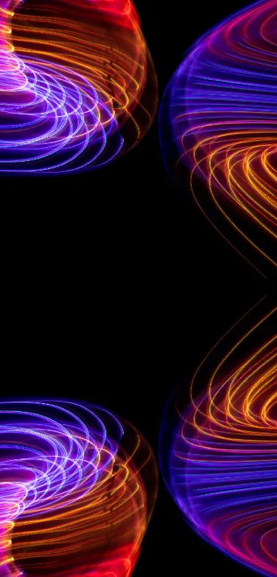 Abstract neon swirl mobile wallpaper with vibrant colors on black background.