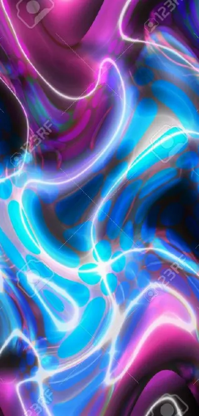 Electric blue and pink abstract neon wallpaper with swirling patterns.