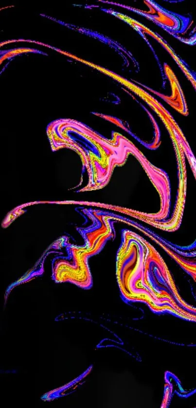 Colorful abstract neon swirls on black background wallpaper.