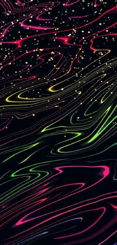 Vibrant neon abstract mobile wallpaper with colorful swirling lines.