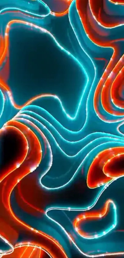 Abstract neon wave wallpaper with blue and orange curves.