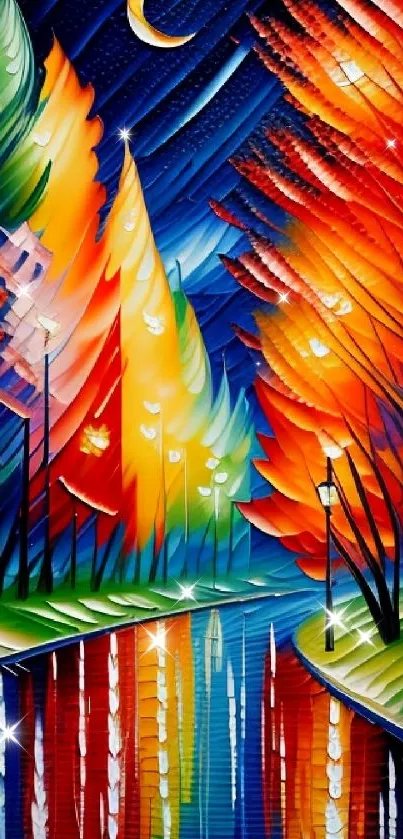 Vibrant abstract night scene with colorful trees and a crescent moon.