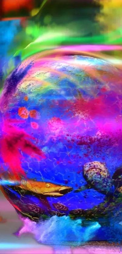 Vibrant abstract ocean sphere with blue and pink hues.