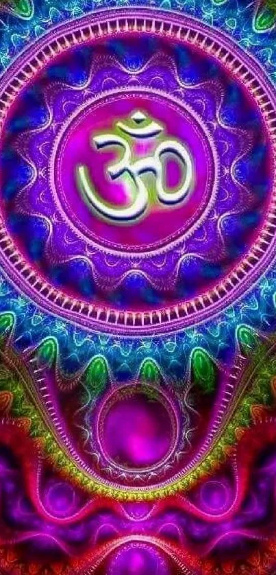 Vibrant abstract mobile wallpaper with central Om symbol in vivid colors.